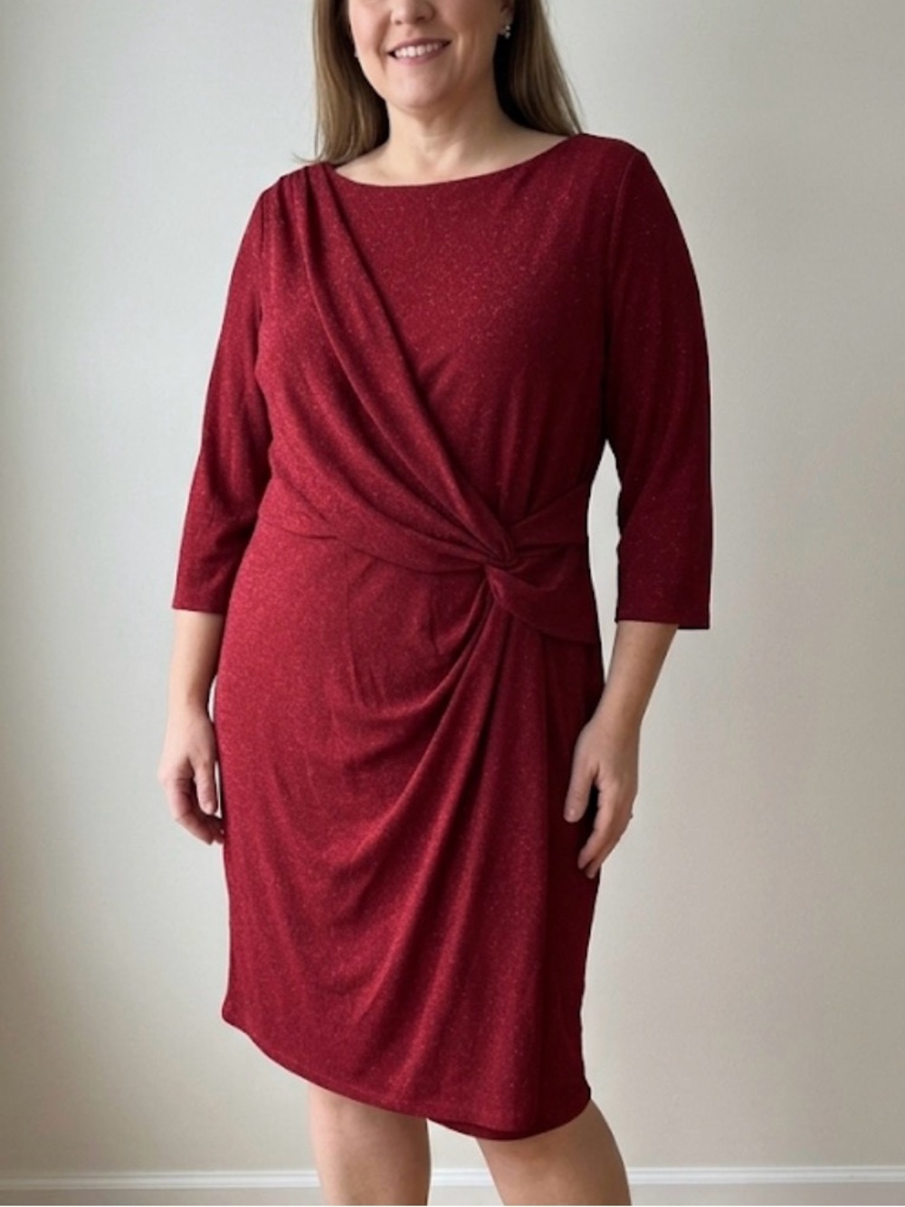 Jessica Howard Red Metallic Glitter Draped Knot Dress Plus Size 24W NWT